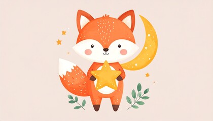 Cute fox holding a star and crescent moon