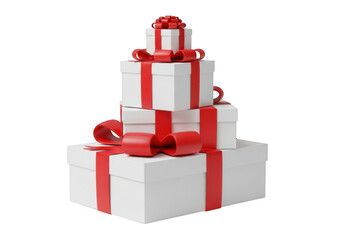 Obraz premium Stack of white gift boxes tied with red ribbon isolated on transparent background