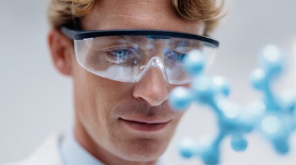 A scientist wearing augmented reality glasses analyzing molecular models in a futuristic laboratory