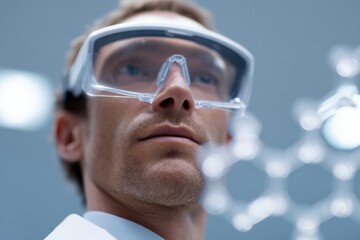 A scientist wearing a lab coat and VR headset exploring molecular structures in a cutting-edge biotech lab