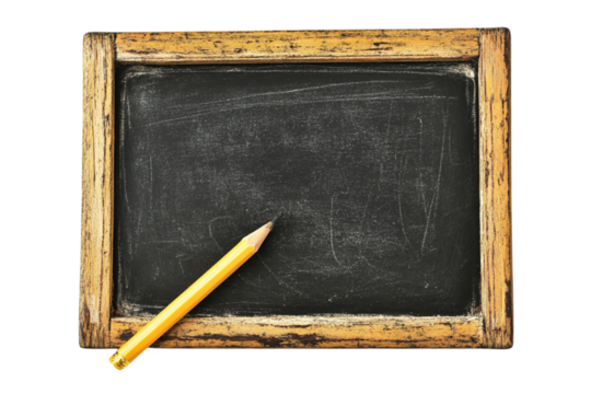 Old wooden blackboard with yellow pencil isolated on transparent background - Powered by Adobe