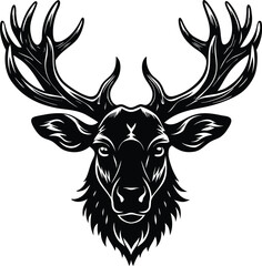 Obraz premium Vector art of majestic stag head with large, branching antlers, showcasing a noble and wild spirit, depicted in a striking black and white graphic illustration