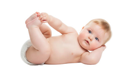 On a transparent background, an isolated baby lies on its back, holding its feet and looking calmly; a natural moment of development and tranquility, png.