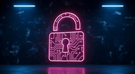 Glowing neon padlock with circuit board design, symbolizing digital security and data protection.