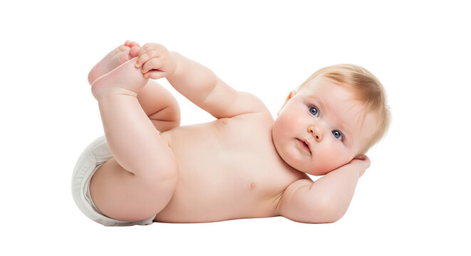 On a transparent background, an isolated baby lies on its back, holding its feet and looking calmly; a natural moment of development and tranquility, png.