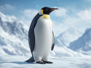 Emperor penguin standing on snow-covered landscape, surrounded by icy mountains, showcasing its distinctive black and white plumage and vibrant orange markings in a serene winter environment