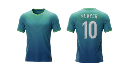 Front and Back View of Blue Green Gradient Soccer Jersey, Player 10 Football Shirt Mockup with V-Neck, Sportswear Apparel, Transparent Background