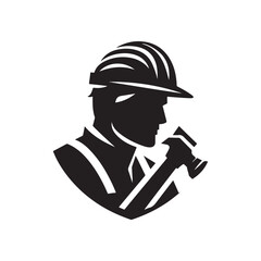 construction worker vector silhouette clip art logo design illustration. construction tools with worker icon set collections