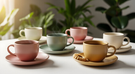 Fototapeta premium Stacked pastel ceramic teacups and saucers in warm sunlight — cozy tea set still life for home decor, lifestyle blogging, and tableware product images