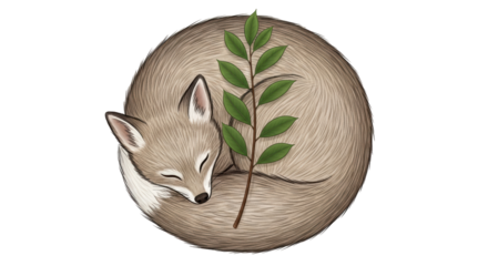 Isolated Sleeping Fox with Green Branch
