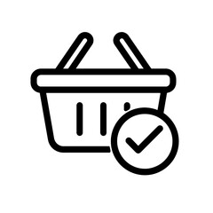 Black shopping basket with check mark icon in flat vector style, white background, perfect for e-commerce apps, checkout processes, and online shopping platforms.