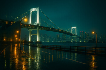 Obraz premium Illuminated suspension bridge at night with glowing streetlights and wet road reflecting city skyline in the rain 