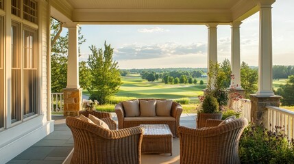 Fototapeta premium Wicker patio set on porch overlooking golf course