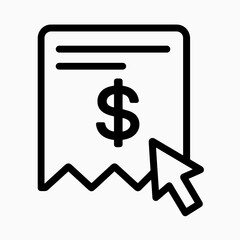 Black receipt with dollar sign icon in flat vector style, white background, perfect for e-commerce apps, billing platforms, and online shopping systems.