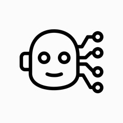 Black AI robot head icon with circuits in flat vector style, white background, perfect for IT apps, artificial intelligence, and innovation platforms.