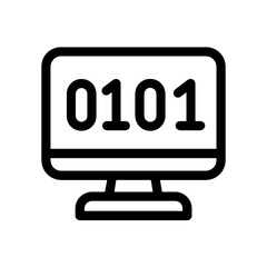 Black computer monitor icon with binary code in flat vector style, white background, perfect for IT apps, programming platforms, and data systems.