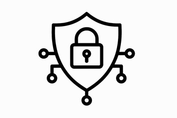 Flat black cybersecurity shield with lock icon on white background, ideal for IT management, internet safety, and data protection design.