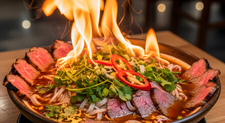 Flaming hot pot with sizzling beef and noodles — dramatic tabletop shot of spicy brothy dish with flames for Asian cuisine, restaurant menu, and food show presentations
