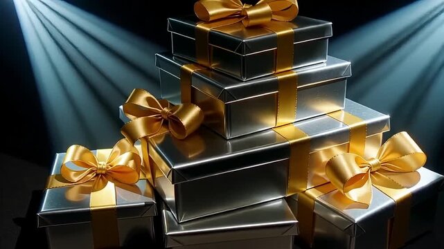 Luxurious silver gift boxes with shimmering gold ribbons stacked and spotlighted for a festive celebration