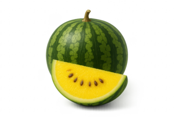 Whole yellow watermelon with slice showing its ripe yellow flesh on transparent background