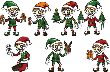 Festive Christmas Elves in Cartoon Style Holding Gifts, Cookies, Trees, and Stockings – Holiday Vector Set for Seasonal Design Use