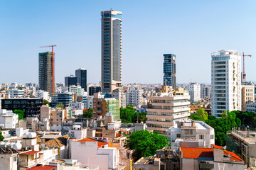 Fototapeta premium Aerial view of Nicosia city center with modern skyscrapers, Cyprus. 