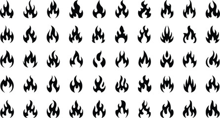 Set of 49 Unique Black Flame Icons in Grid Layout for Logo, Tattoo, Fire Symbol, Graphic Design and Illustration Use