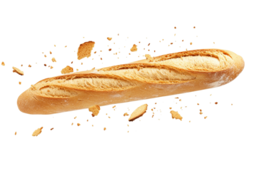 Crusty baguette bread breaking apart isolated on transparent background