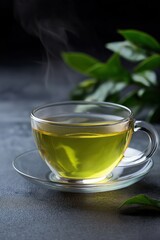 Steamy cup of green tea with fresh leaves on dark surface