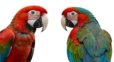Portrait of two colorful macaw parrots with vibrant plumage isolated on white or transparent background. PNG