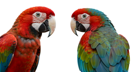 Portrait of two colorful macaw parrots with vibrant plumage isolated on white or transparent background. PNG
