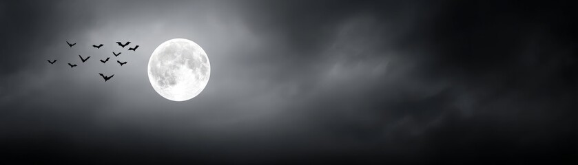 Spooky Halloween Night with Full Moon and Flying Bats in Dark Clouds