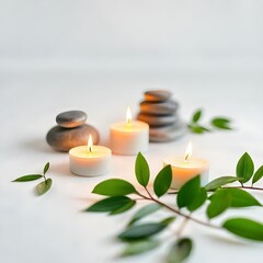 Set minimalista con velas encendidas, piedras zen y hojas verdes frescas sobre fondo blanco