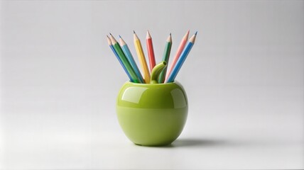 Green Apple Shaped Pencil Holder with Assorted Colored Pencils.