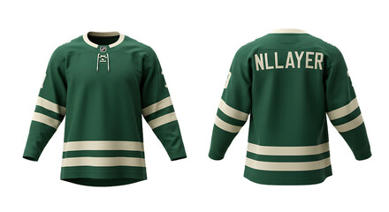Detailed Green Ice Hockey Jersey Front and Back Mockup with NHL Logo, Beige Stripes, Lace-Up Neck, Transparent Background