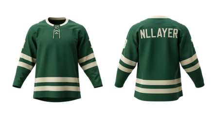 Detailed Green Ice Hockey Jersey Front and Back Mockup with NHL Logo, Beige Stripes, Lace-Up Neck, Transparent Background