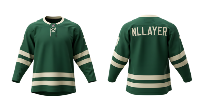 Detailed Green Ice Hockey Jersey Front and Back Mockup with NHL Logo, Beige Stripes, Lace-Up Neck, Transparent Background