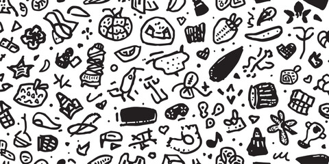 Monochrome Doodle Pattern with Food Items and Everyday Objects Seamless Vector Design for Creative Backgrounds and Artistic Projects