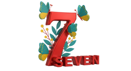 Isolated red number seven with butterflies