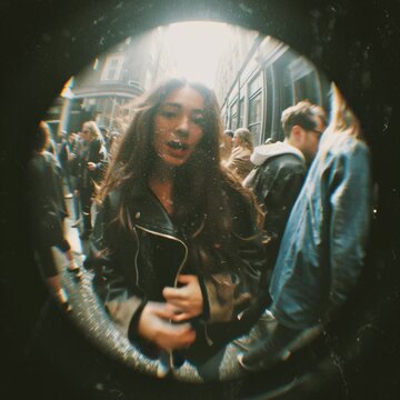 A beautiful girl with long hair walks through a crowded street, captured through a fish-eye lens, in a high-quality, grainy film photograph with a vintage, hyper-realistic, analog, lo-fi, noisy aesthe