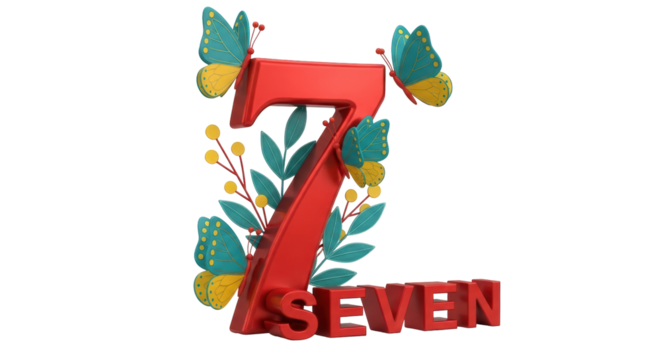 Isolated red number seven with butterflies
