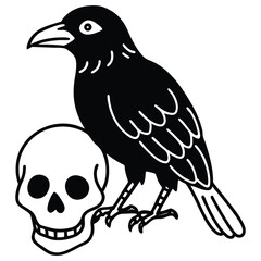 Black crow perched on a white skull in a simple line art style. A crow sitting on a human skull