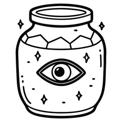 Mystical jar with all seeing eye and sparkles illustration. Magic jar with a floating eye
