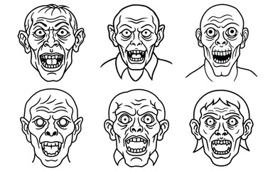 terrifying zombie faces with open mouths and vacant eyes in a vintage illustration style. Terrifying Zombie Faces Set Illustration