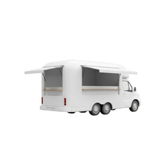 Naklejka premium 3d modern white food truck with open awnings ready for business service transparent background