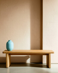 Minimalist wooden bench with ceramic vase and soft daylight 
