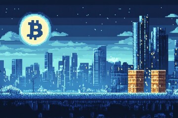 Digital cityscape with a glowing Bitcoin symbol and skyscrapers under a night sky filled with stars and a large moon