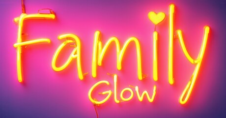 Bright neon sign displays Family Glow. Vivid orange lettering contrasts against pink backdrop. Heart shape adds warmth, positivity.