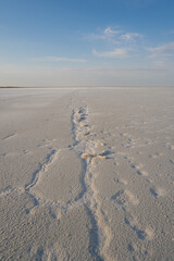 White salt desert lake Baskunchak, Astrakhan region, Russia.