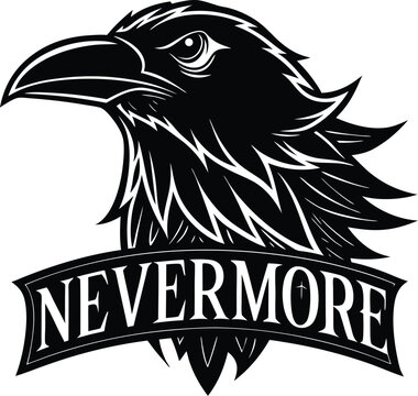 Vector art of a striking black and white illustration of a ravens head with the word nevermore below it, isolated on a